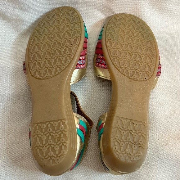Sandy Exclusiva Gold Pink Teal Woven Leather Aztec Ankle Strap Sandals Huaraches - Picture 7 of 8